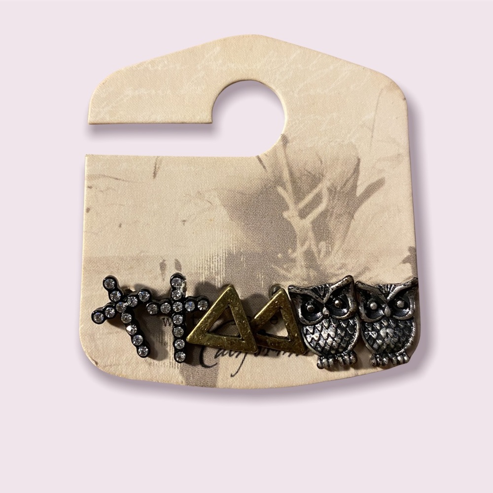 3 Pair Stud Earring Set - Crosses, Triangle, Owl - NWT